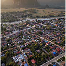 Aerial view of Vang Vieng, Laos, Balloon over Vang Vieng